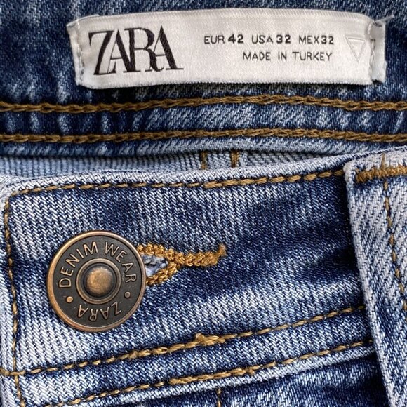 Zara High Rise Jeans Women 32 Distressed Ripped Button Fly Tapered Med Wash - Picture 2 of 16